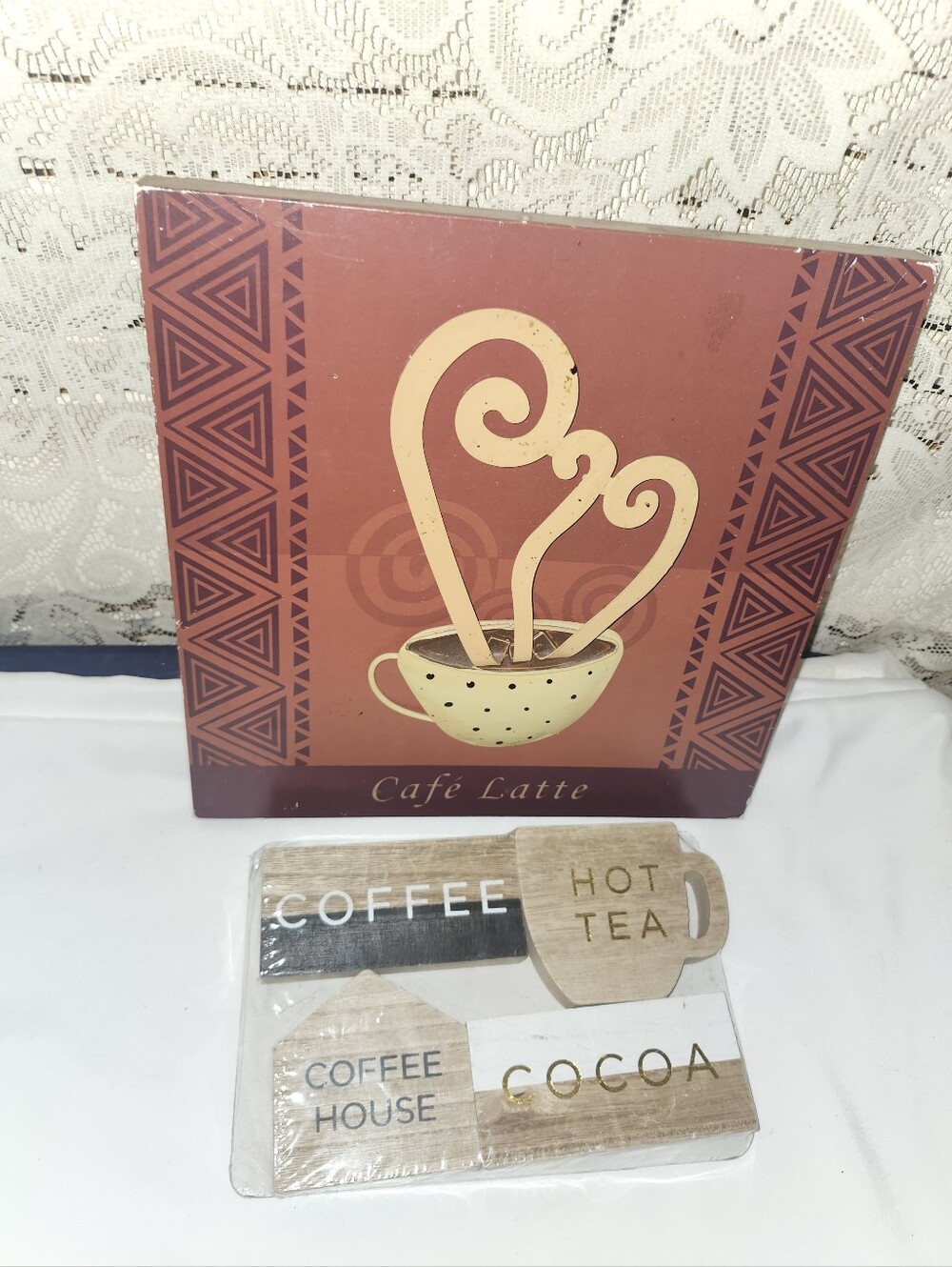 Cafe Latte Wall Art and Coffee House Sign Set - Brown